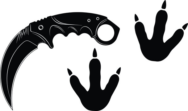 Tactical karambit knife silhouette and bird of prey raptor footprints set, curved blade weapon and animal tracks, flat vector