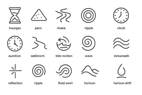 Time and Flow Icons. Line style icons of Time and Flow: hourglass, sand grain, river current, water ripple, flowing wave, clock