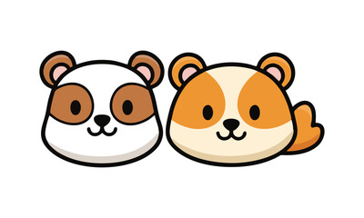 Fototapeta premium Two cute cartoon panda and bear cub faces side by side, with friendly expressions and simple outlines.