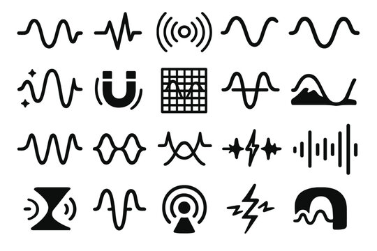 Electromagnetic Wave Icons. Solid style icons of Electromagnetic Waves: frequency wave, pulse line, signal ripple, sine curve,