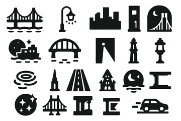 Obraz premium Bridge Icon Collection. Solid style icons of Bridge City Light: suspension bridge, river reflection, street lamp, skyline