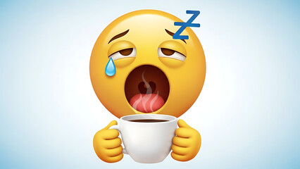 Tired emoji holding a cup of coffee or tea with a yawn and sleepy expression on a blue gradient background