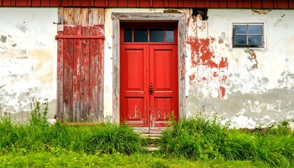 Rustic red door and shutter on a weathered farmhouse with peeling paint and overgrown grass.
