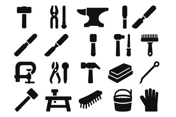 Obraz premium Blacksmith Tools Icons. Solid style icons of Blacksmith Tools: hammer, tongs, anvil, file, rasp, chisel, mallet, brush, clamp,