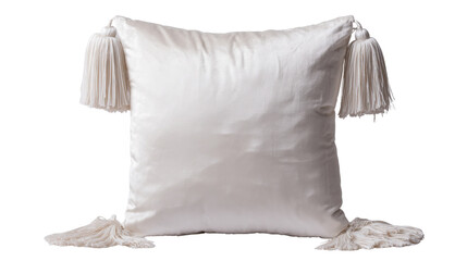 White decorative cushion with tassels, soft home decor element providing comfort and elegance with transparent background