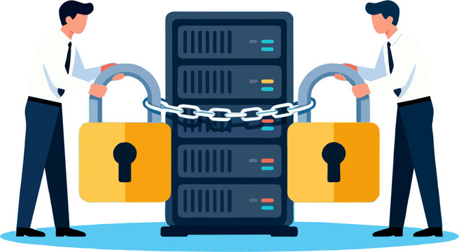 Server Security with Businessmen and Padlocks &ndash; Flat Vector Illustration of Data Protection, Cyber Security and Locked Database System