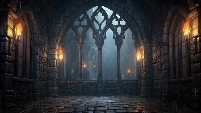 Dark medieval gothic hall with rain outside stone archways, flickering torchlight on wet floors, creating a mysterious and dramatic atmosphere.
