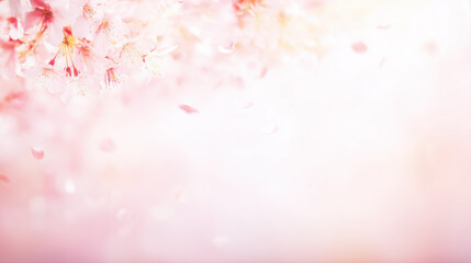 Pink Cherry Flowers with Flying Petals Background with Copy Space