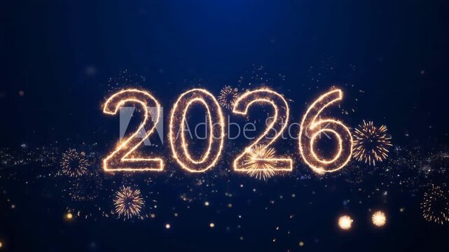 Sparkling 2026 lights with colorful fireworks on dark blue night sky