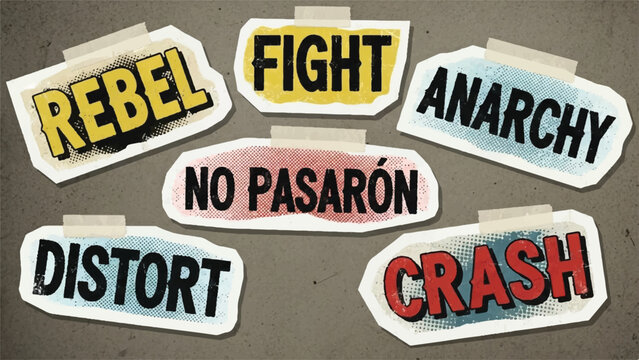 Retro Punk Rock Newspaper Clipping Collage with Grunge Rebel and Anarchy Slogans for Alternative Media Design