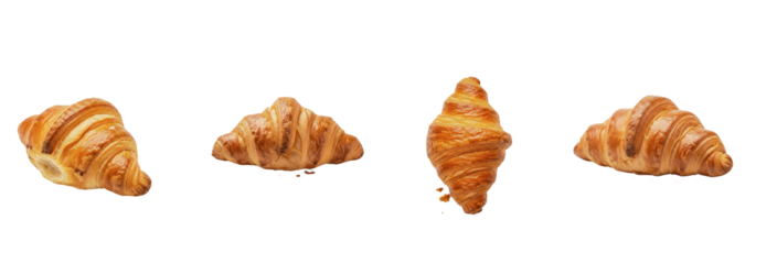 Fresh butter croissant set isolated on white background. Realistic 3D golden flaky pastry collection, French bakery bread, and breakfast food PNG clipart element.