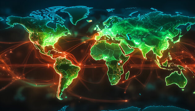 Futuristic world map with glowing network connections, global digital communication and data flow concept, advanced technology visualization, cyber connectivity across continents, high contrast modern - Powered by Adobe