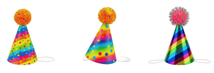 Colorful party hat set with pom-poms isolated on white background. Polka dot and striped birthday cone hats for kids' celebration, carnival, and festive events. © Sodani