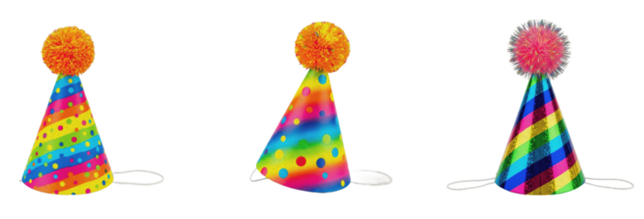 Colorful party hat set with pom-poms isolated on white background. Polka dot and striped birthday cone hats for kids' celebration, carnival, and festive events.