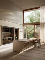 Modern luxury kitchen interior in minimal scandinavian style, 3d render © Yulia