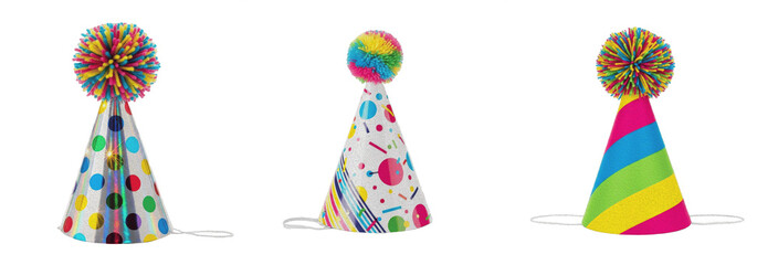 Colorful party hat set with pom-poms isolated on white background. Polka dot and striped birthday cone hats for kids' celebration, carnival, and festive event decor. © Sodani