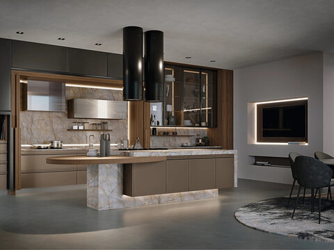 Modern luxury kitchen interior in minimal scandinavian style, 3d render
