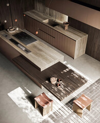 Modern luxury kitchen interior in minimal scandinavian style, 3d render © Yulia