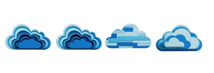 Cloud icon set with blue and white 3D paper cut layered designs isolated on white background. Computing symbols for weather, data storage, and digital network.