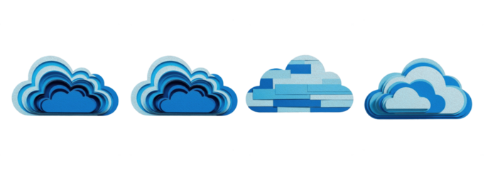Cloud icon set with blue and white 3D paper cut layered designs isolated on white background. Computing symbols for weather, data storage, and digital network.