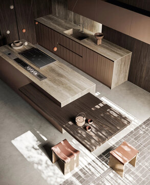 Modern luxury kitchen interior in minimal scandinavian style, 3d render