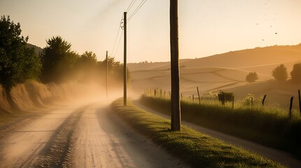 A professional photo of a lone electric pole standing tall on a narrow village dirt road, with dust particles suspended in the air, illuminated by warm evening light that casts long shadows.