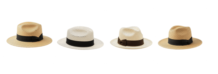 Classic fedora and straw panama hat set isolated on white background. Elegant summer headwear collection with black ribbon bands for sun protection and style.