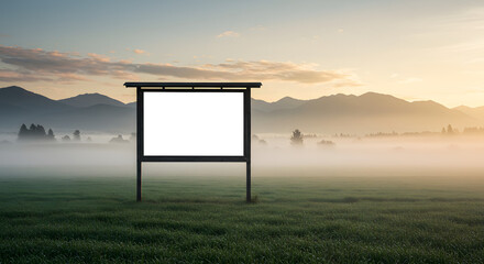 Blank Information Signboard Mockup in Foggy Green Field with Mountains at Morning Dawn