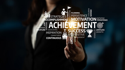 A professional woman gestures towards powerful words symbolizing achievement and motivation, representing growth, success, and inspiration in a business setting. Tessel