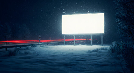Blank Billboard Mockup on Snowy Winter Roadside at Night with Red Traffic Light Trails