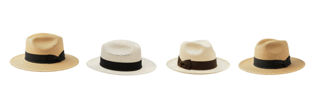 Classic fedora and straw panama hat set isolated on white background. Elegant summer headwear collection with black ribbon bands for sun protection and style.