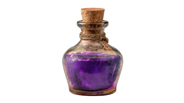 Fantasy potion in glass bottle with purple elixir and cork, magic formula for spell or enchanted liquid, alchemy concept