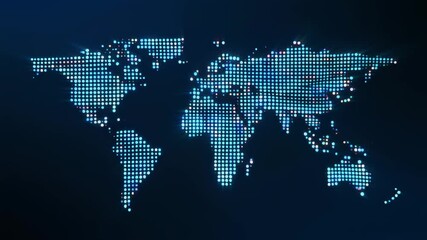 Animated abstract digital world map with a network of shimmering, glowing light dots, symbolizing global data flow, internet connectivity, and worldwide communication across all continents.
 - Powered by Adobe