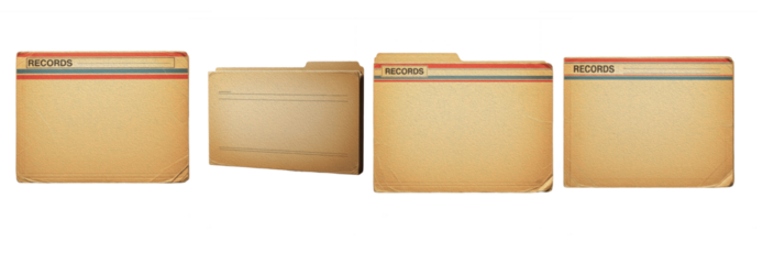 Manila file folder set for medical records and office document organization isolated on white. Vintage manila paper folders for storage, filing, and business paperwork.