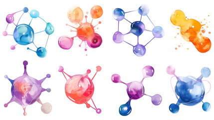 Collection of vibrant watercolor abstract molecular structures and interconnected cell diagrams representing science biology chemistry or microscopic biological concepts