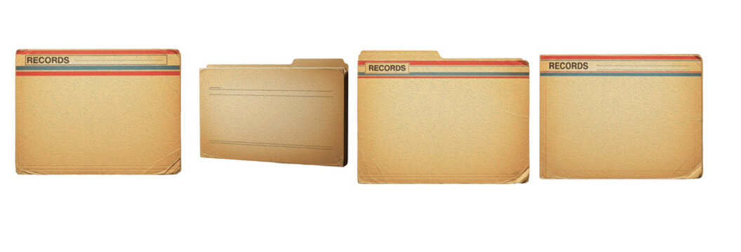 Manila file folder set for medical records and office document organization isolated on white. Vintage manila paper folders for storage, filing, and business paperwork.