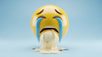 Yellow crying emoticon with melting ice cream on blue background, sad face expression, sweet treat, emotional reaction