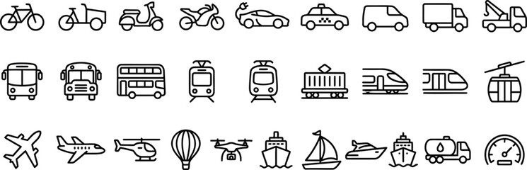 Transportation vehicle icon set, featuring vector glyph pictograms of travel, transit, public transport, car, bus, train, bicycle, boat, airplane silhouette illustration, logistics, commute, cargo 