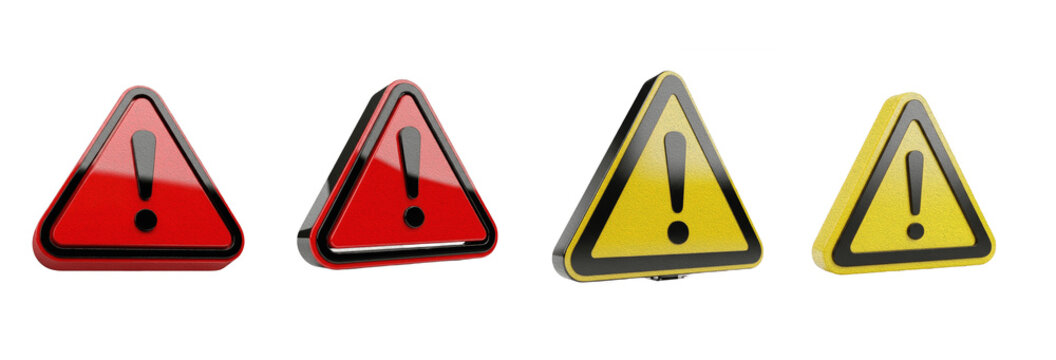 Warning sign set with red and yellow exclamation mark triangle icons isolated on white background. Hazard alert, safety caution, and 3D attention symbol collection.