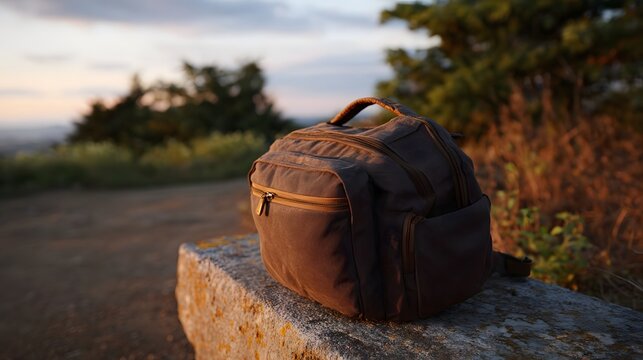 A backpack rests on a stone bench during a serene twilight sunset overlooking a natural landscape - Powered by Adobe