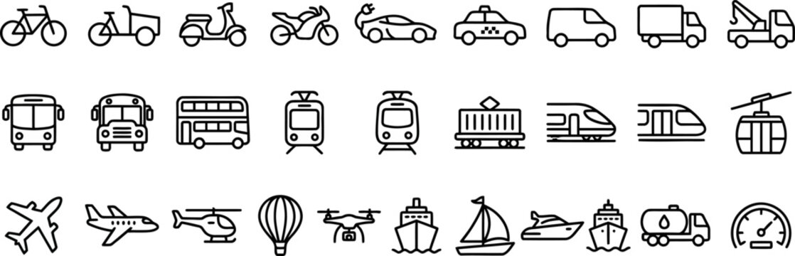 Transportation vehicle icon set, featuring vector glyph pictograms of travel, transit, public transport, car, bus, train, bicycle, boat, airplane silhouette illustration, logistics, commute, cargo 