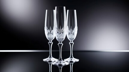 Photo of an Elegant New Year toast concept featuring delicate crystal glasses clinking together, set in a sleek studio environment with carefully controlled highlights.