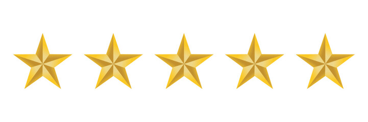 Fototapeta premium Excellent five-star rating symbol. Golden glossy stars for quality product, service, and customer reviews on white background.