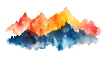 Striking watercolor depiction of dramatic mountain ranges rendered in contrasting warm sunset hues above cool deep blue misty foothills suggesting rugged natural beauty and adventure