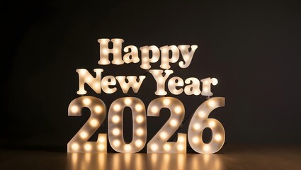 Illuminated marquee letters spelling happy new year 2026