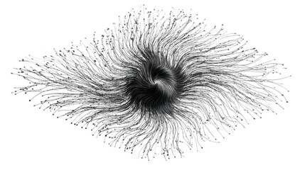 Abstract black swirl vortex creating a visual illusion of gravity and energy on transparent background