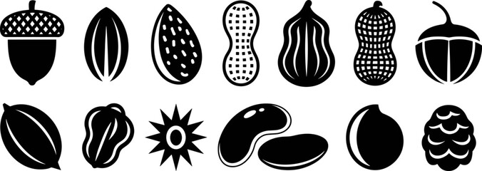 Vector set of thirteen black nut and seed silhouettes including peanuts, acorns, and almonds isolated on white background for food design. (22 words) © Mim's World