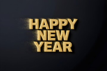 Golden 3d text saying happy new year disintegrating on dark background