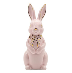 Elegant pink ceramic Easter bunny figurine with gold trim and a bow, isolated on a clean white background.