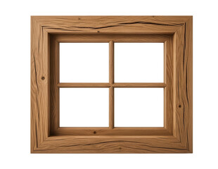 Rustic four-pane wooden window frame with a natural grain texture and weathered appearance, isolated on a clean white background.